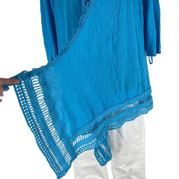 Chico's Linen Blend Tassel Trim Open Front Cardigan Lace Hem Size XLP - Picture 5 of 10